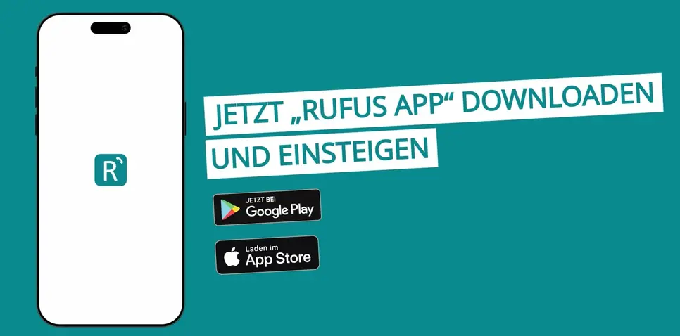 Ein Bild von einem Handy und ein Text, dass man die RUFUS APP herunterladen soll