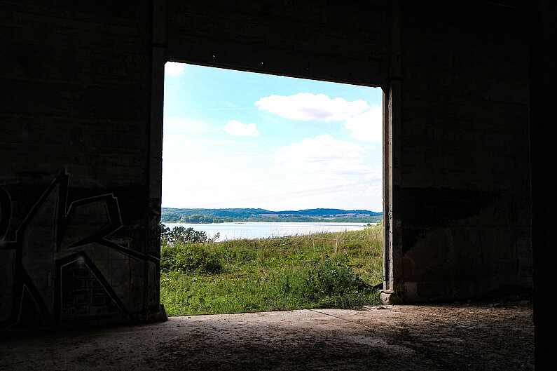 Blick aus einer alten Scheune auf die Blühwiese, im Hintergrund die Lieps