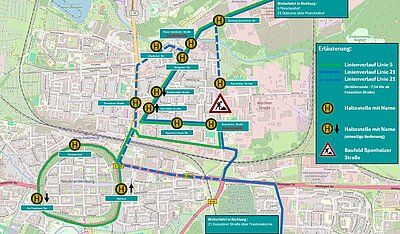 Ausschnitt eines Stadtplans mit neu eingezeichnetem Streckenverlauf.