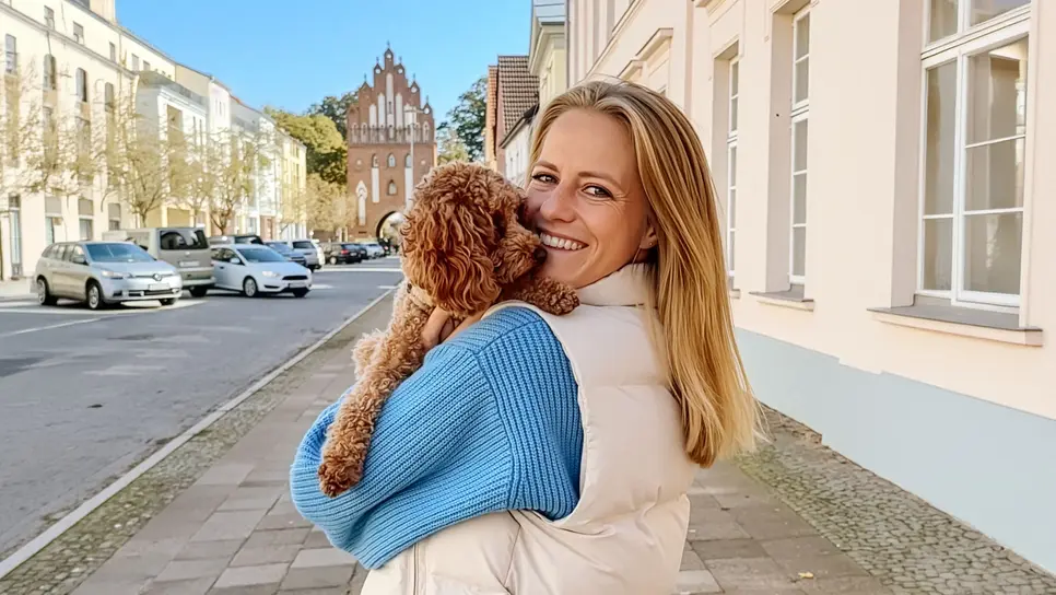 Eine Frau gibt einem braunen Hund ein Leckerli.