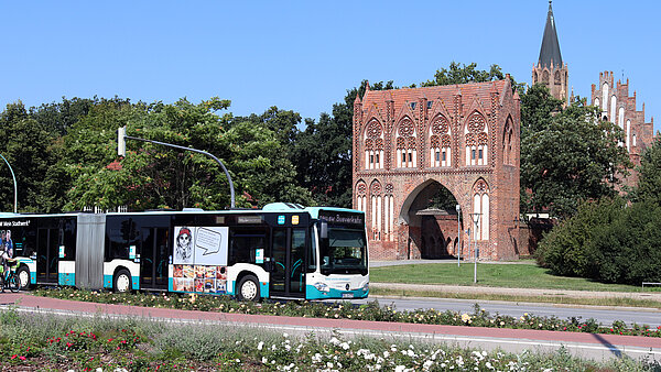 Neubrandenburger Stadtbus fährt vor dem historischen Stadttor "STargarder Tor" entlang. 