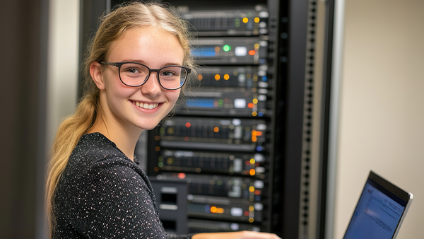 Blondes Mädchen mit Brille steht an aufgeklapptem Laptop und lächelt in die Kamera. Hinter ihr ein Serverschrank.