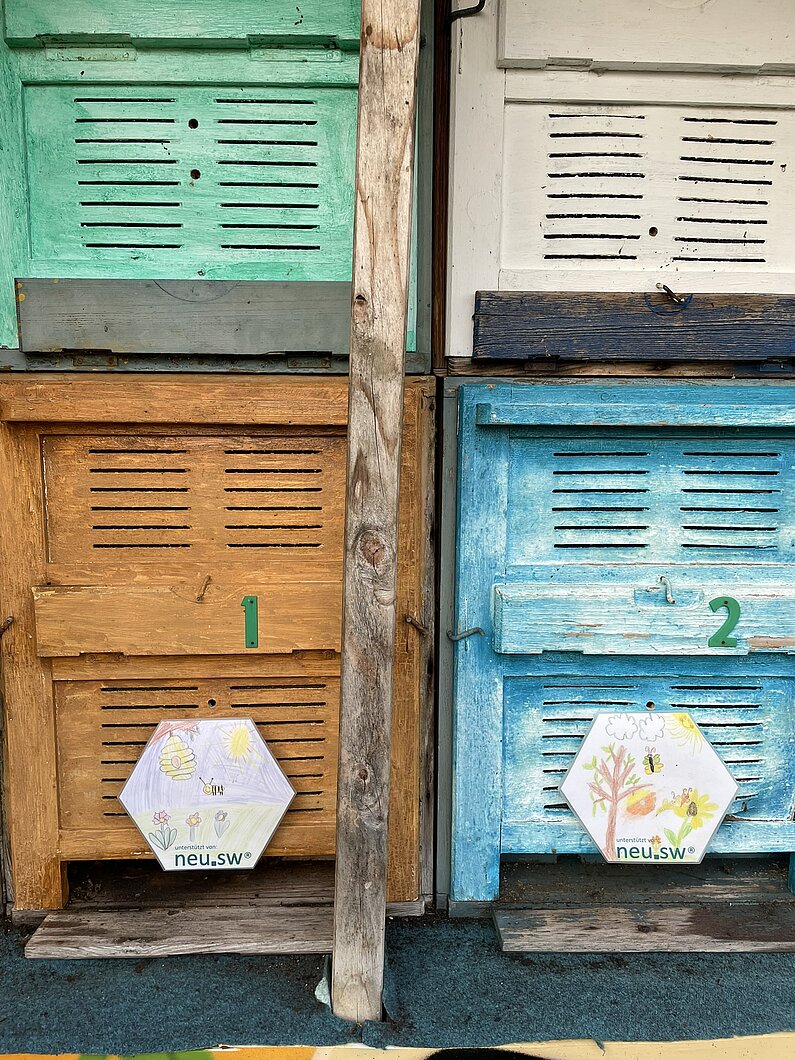 Blick auf die beiden gebastelten und bunt bemalten neu.sw Bienenwaben, die an zwei Bienenstöcken angebracht sind.